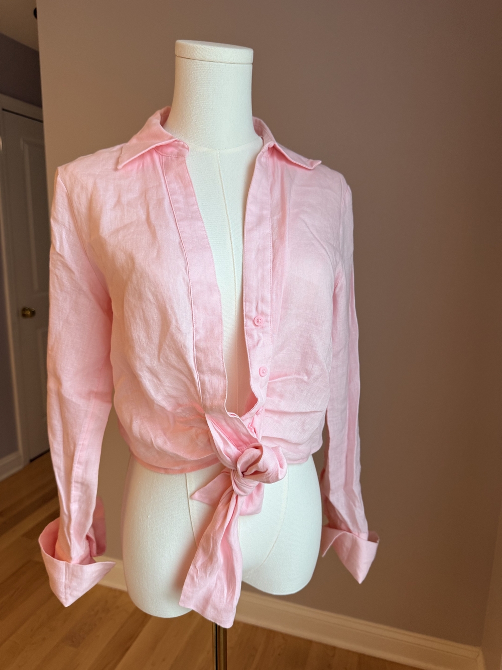 Reiss Light Pink Tie-Front Cropped Linen Button-Down Shirt